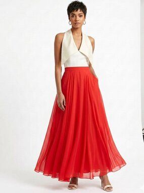 Vintage MCM 60s Ivory Satin Halter Red Chiffon Maxi Dress Small